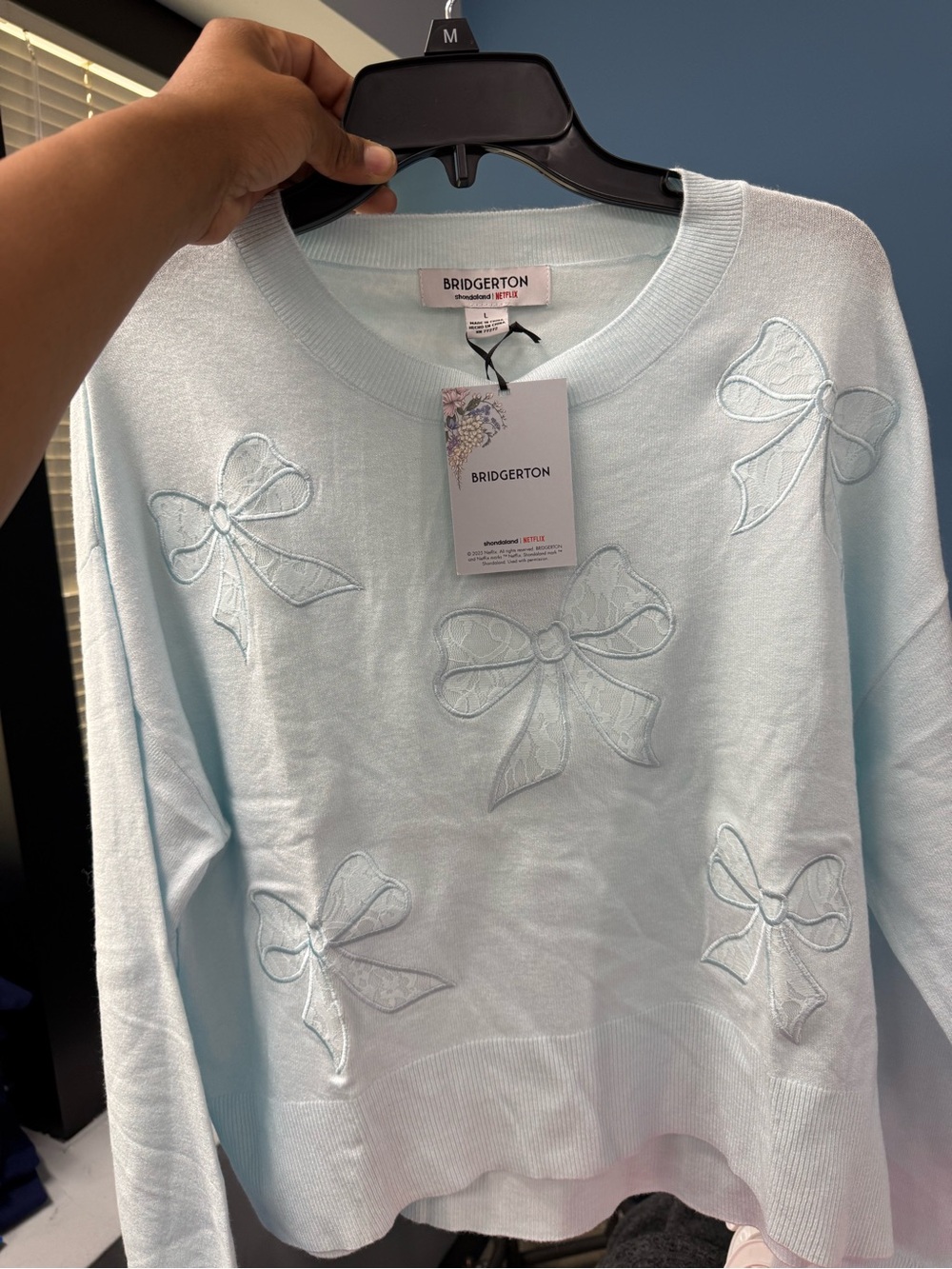 Bridgerton x Netflix Light Blue Embroidered Bow Crewneck Sweater